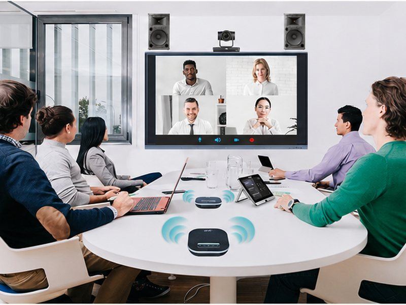 Team in a video conferencing meeting room
